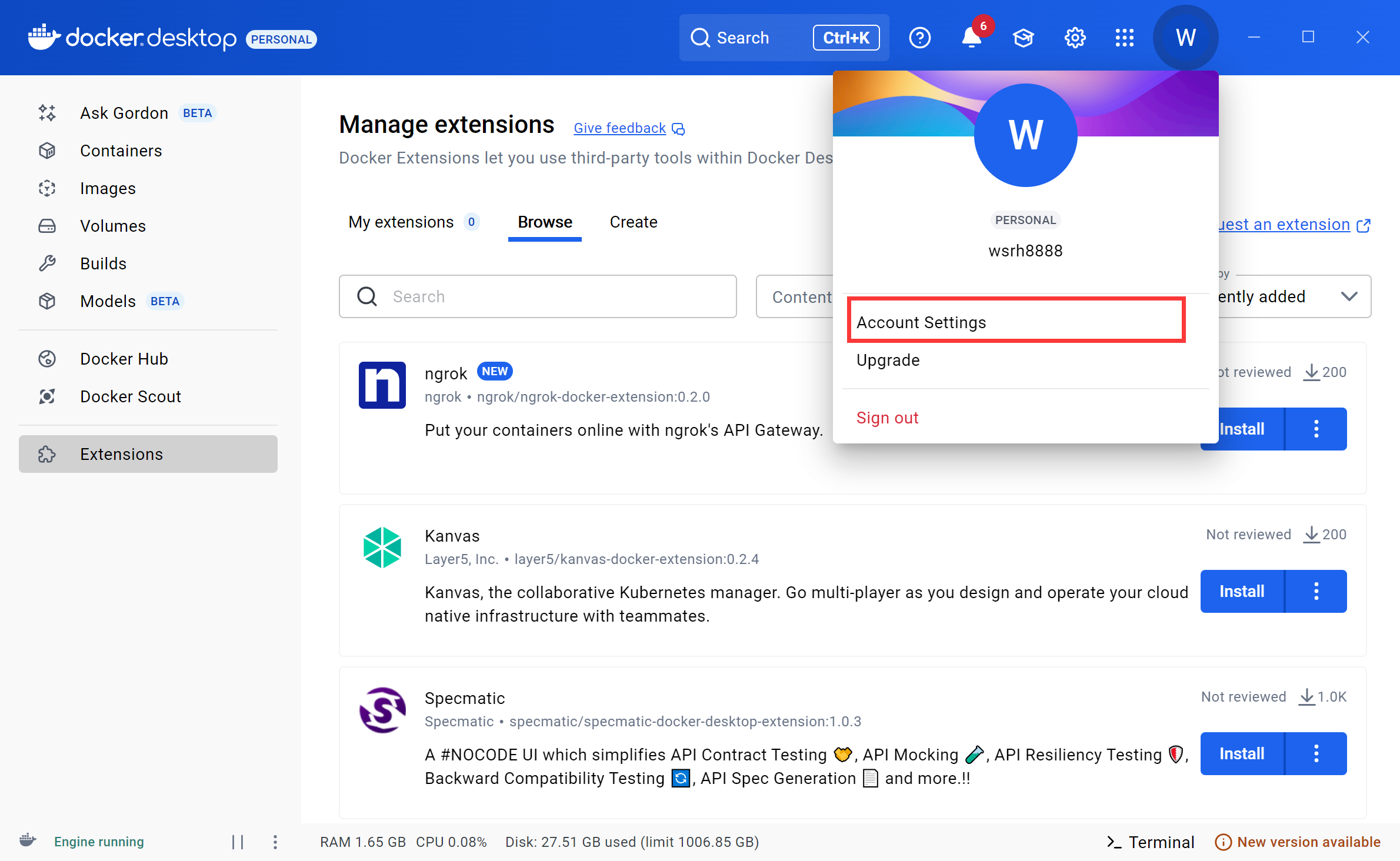 Docker Desktop账户菜单